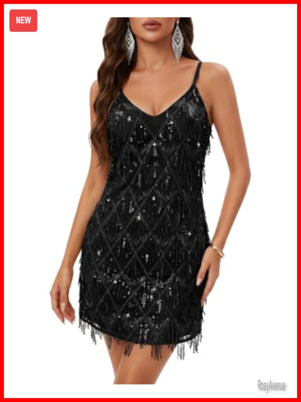 JASGOOD Sequin Fringe Mini Dress V-Neck Spaghetti Strap Party Dress